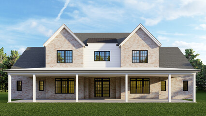 3D Render of a Modern Two-Story House Exterior with Large Covered Porch, Brick Walls, and Black-Framed Windows – Architectural Visualization and Real Estate CGI  