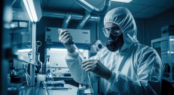Scientist pipetting antiviral precursor chemicals in a BSL3 rated antiviral compound synthesis room equipped with HEPA filtration.