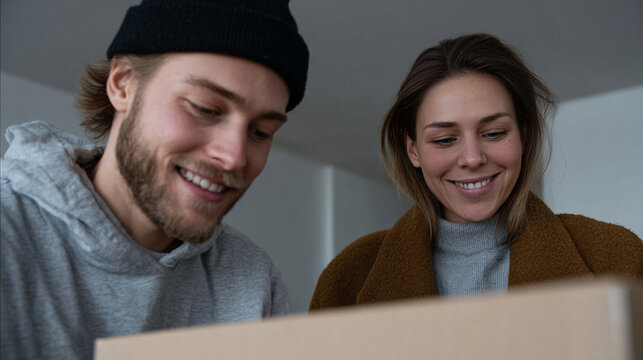 Young couple assembling furniture.