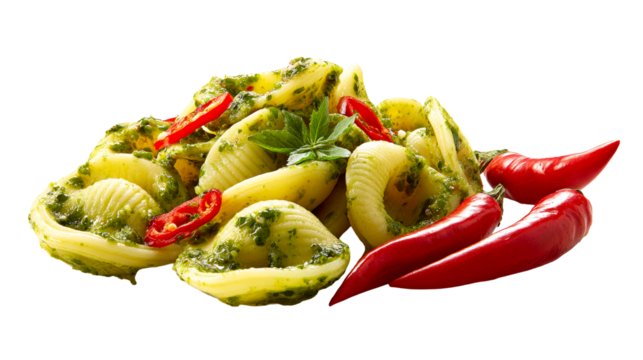 Conchiglie pasta with vibrant green pesto and fresh red chili peppers, cut out transparent