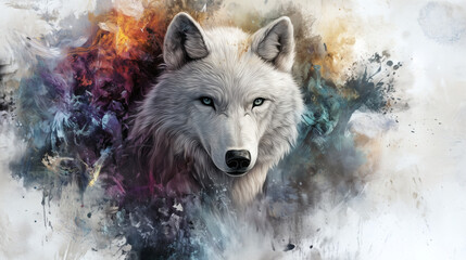 Obraz premium Majestic White Wolf in Colorful Abstract Background