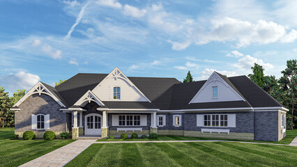 3D Render of a Spacious Tudor-Style Single-Story Home with Dark Brick, White Trim, and Decorative Gable Accents – Architectural Exterior Visualizatio