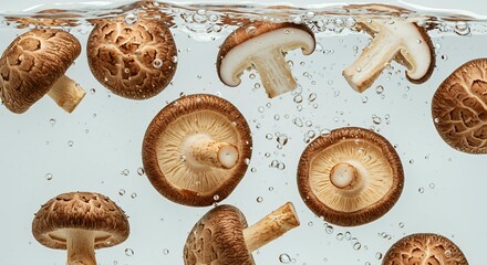 Fototapeta premium Mixed portobello and shiitake mushrooms with exposed gills submerged in clear water with bubbles for culinary stock images