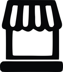 Simple black and white icon of a storefront with a striped awning and open display area