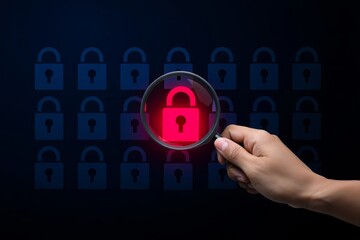 Security vulnerability scan with magnifying glass on red padlock network threat