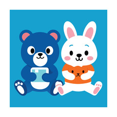 Fototapeta premium Cute Bear Cub and Bunny Playing Multiplayer Game Together
