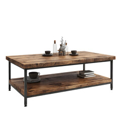 Rustic Wooden Coffee Table with Industrial Metal Frame and Decor