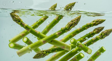 Green asparagus spears falling into water with bubbles and splashing, fresh organic vegetables underwater photography with purple tips
