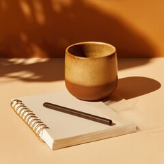 Naklejka premium Ceramic cup with earthy tones sits beside a blank notebook and a brown pencil on a warm, minimalistic background, creating a serene workspace atmosphere