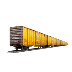 Obraz premium Long Perspective View of Rusty Yellow Freight Train Cars on Railroad Tracks in Bright Light