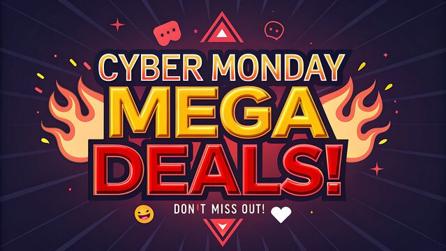 A vibrant and eyecatching cyber monday mega deals banner is set against a dark background, featuring bold text, fiery accents, and a call to action, perfect for promoting holiday sales - Powered by Adobe
