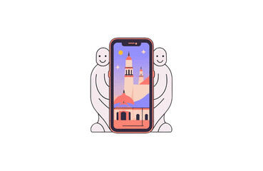 Two smiling figures holding a smartphone displaying a vibrant cartoon cityscape with a mosque and a sunset sky