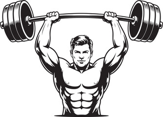 Muscular man lifting a barbell overhead in a black and white illustration bodybuilder weightlifting