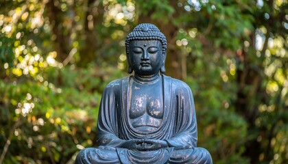 Buddha statue in serene forest setting