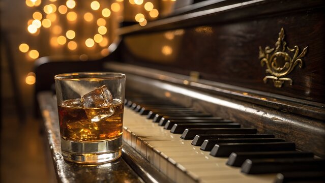 A glass of rich amber drink with ice rests on a beautiful antique piano, surrounded by soft golden blurred lights.