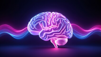 Human brain illustration with neon lights for science and technology concept art