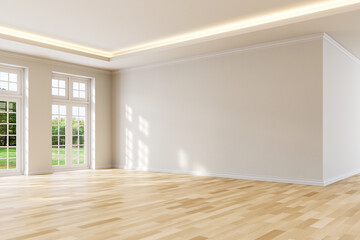 Modern luxury empty room interior with nature view background 3d render, The rooms have wooden floors white walls there are white window looking out to the nature view.