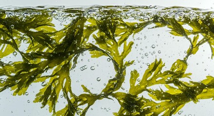 Fresh green seaweed kelp floating underwater with bubbles in clear water for healthy nutrition and sustainable food concept