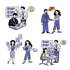 Set of illustrations work in the office purple flat