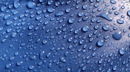Raindrops on smooth blue plastic surface, macro abstract background.
