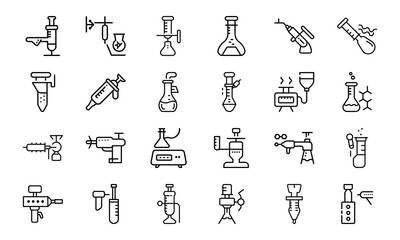 Set of 24 Science and Laboratory Line Icons Chemistry, Biology, Physics, Research, Safety, and Technology Symbols in Minimal Outline Style