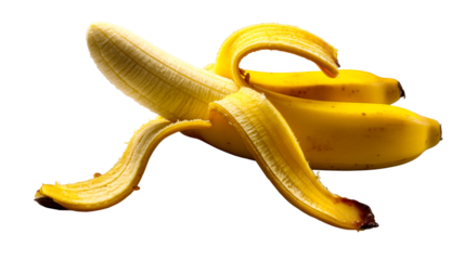 Partially peeled ripe yellow banana with visible segments and soft lighting, cut out transparent