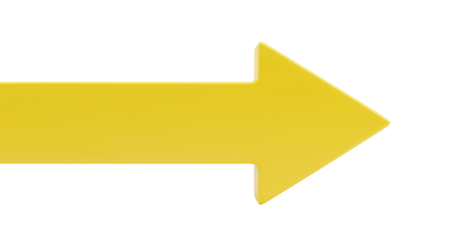A minimalist, three-dimensional sculpted bright yellow arrow with subtle gradient, pointing right, isolated on transparent, shadowless background. Concept of forward momentum and progress