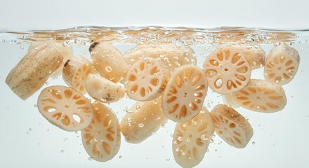 Sliced lotus root vegetables floating underwater with bubbles showing distinctive hole pattern for Asian cooking and healthy recipes