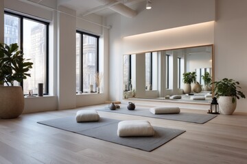 Fototapeta premium Bright and airy yoga with large windows.