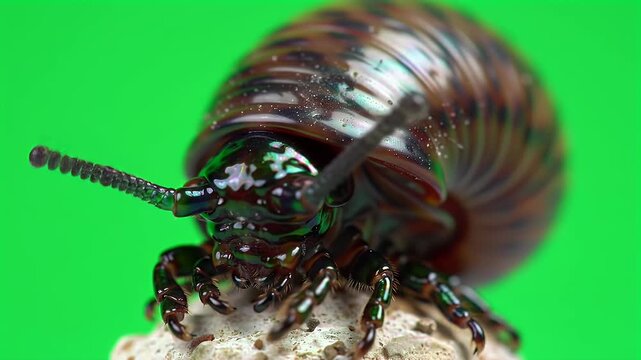 Macro Close-up of a Pill Millipede with Segmented Antennae and Iridescent Exoskeleton Detail on a Bright Green Background, Highlighting Arthropod A...