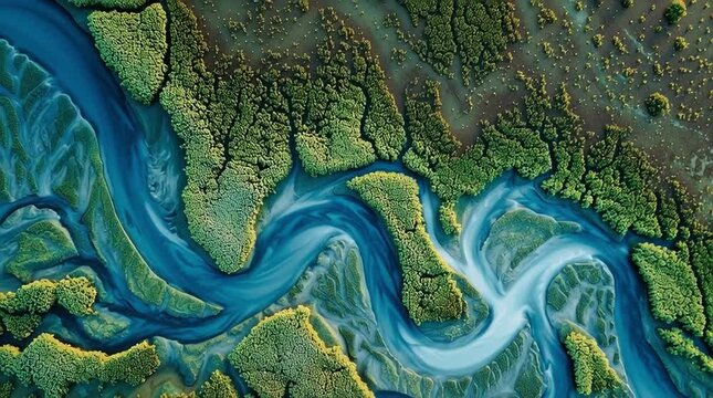 Aerial Drone View of Intricate River Delta Patterns