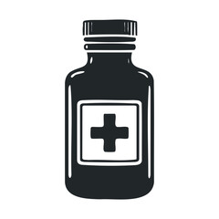 Obraz premium Monochrome medicine bottle illustration with plus symbol on label