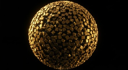 Elegant gold textured sphere with cubic mosaic pattern on black background, luxury 3D rendered geometric art object
