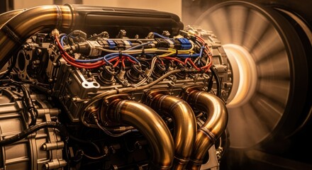 Formula One engine components exposed during a dyno run revealing cooling ducts wiring looms and exhaust piping integrated for testing.