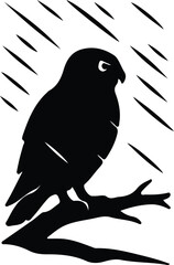 Illustrator owl perched on branch black and white simple Silhouette vector