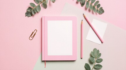 pastel pink stationery flatlay with blank notebook and greenery | office, workspace, inspiration, design, blog theme