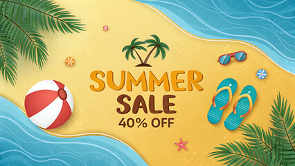 A vibrant summer sale banner features a tropical beach scene with palm trees, a beach ball, and flipflops, advertising a 40 discount for vacation essentials