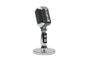 Classic silver retro microphone, chrome grille, stand, black base, transparent background, soft light, audio excellence, clear communication concept.