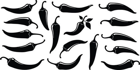 Black chili pepper silhouette collection, hot spicy vegetable vector set, cayenne and jalapeño shapes, food icons for cooking, Mexican cuisine art
