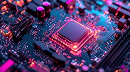 Close-up circuit board, glowing chip