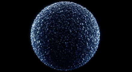 Navy blue textured sphere with small geometric fragments creating rough surface pattern on black background, abstract 3D digital render for technology concepts