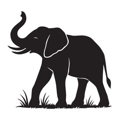 Obraz premium A simple black elephant vector silhouette stands, its trunk raised, a symbol of wild nature