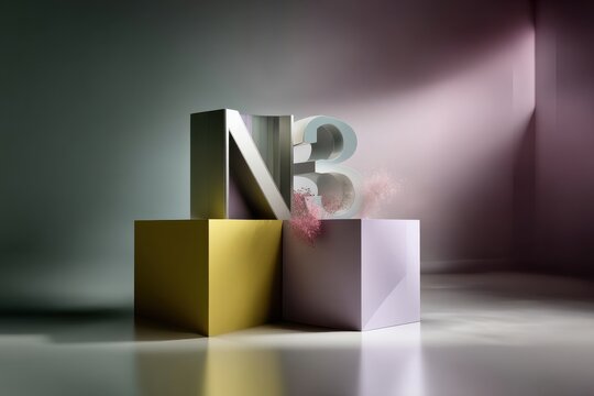 A modern digital art composition featuring geometric shapes and the number "N3," illuminated by soft lighting in a minimalist setting.