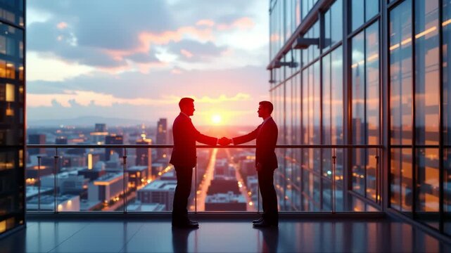 Business Deal at Sunset: Two business figures finalize an agreement with a handshake, silhouetted against a breathtaking cityscape at sunset. This scene captures the essence of success, partnership.