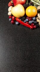 Assortment of fresh fruits and vegetables on dark background