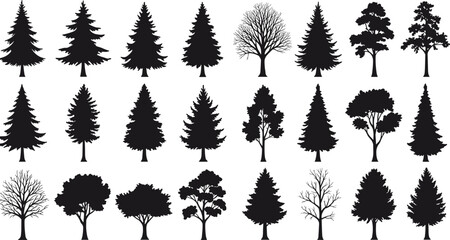 Black silhouette trees and pine trees on white background showing a variety of natural tree shapes and seasonal styles