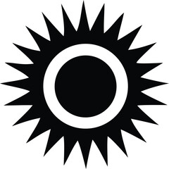 Bold black silhouette of a stylized sun with a central circle and jagged rays