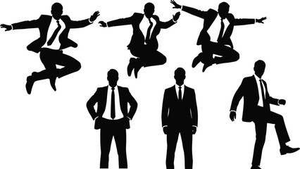 Businessman silhouette vector set, professional man clipart collection, corporate man in suit poses, formal business attire vector illustrations, office worker icons