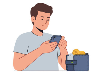 A young man checks his wallet on a smartphone, displaying Bitcoin. Modern illustration style, clean design, bright colors. Suitable for finance, cryptocurrency, and digital wallet themes.