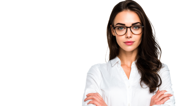Woman wearing eyeglasses and white collared shirt, arms crossed, cut out transparent